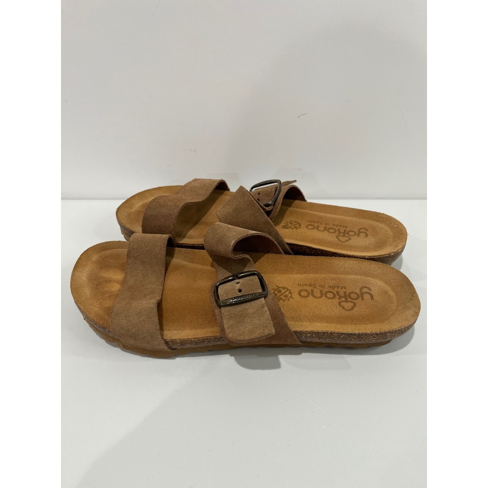 Yokono Leather Sandals Women's Buckle Suede Strap Slides Cork Footbed Tan Brown - Picture 2 of 7